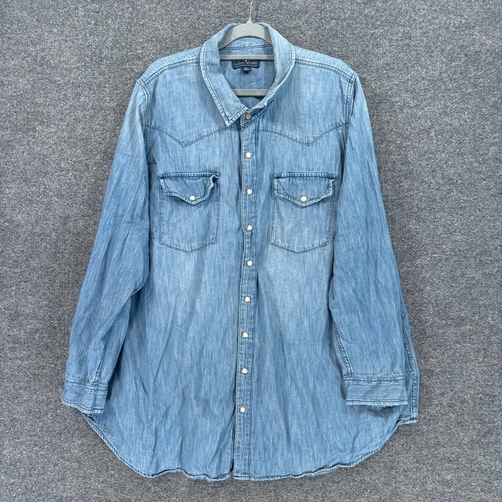 Lucky Brand Shirt Women 3X Blue Denim Pearl Snap Western Long Sleeve Casual
